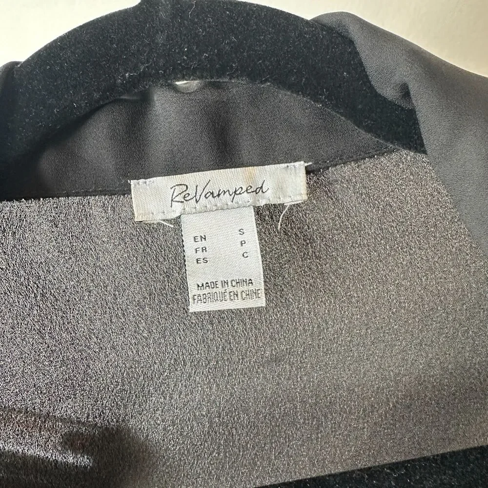 ReVamped Black Flowy Roll Tab Sleeve Tie Waist Waterfall Neck Wrap Dress Small - Picture 8 of 14